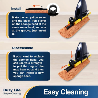 Yocada Sponge Mop Home Commercial Use Tile Floor Bathroom Garage Cleaning with Squeegee and Extendable Telescopic Long Handle 4252 Inches Easily Dry Wringing