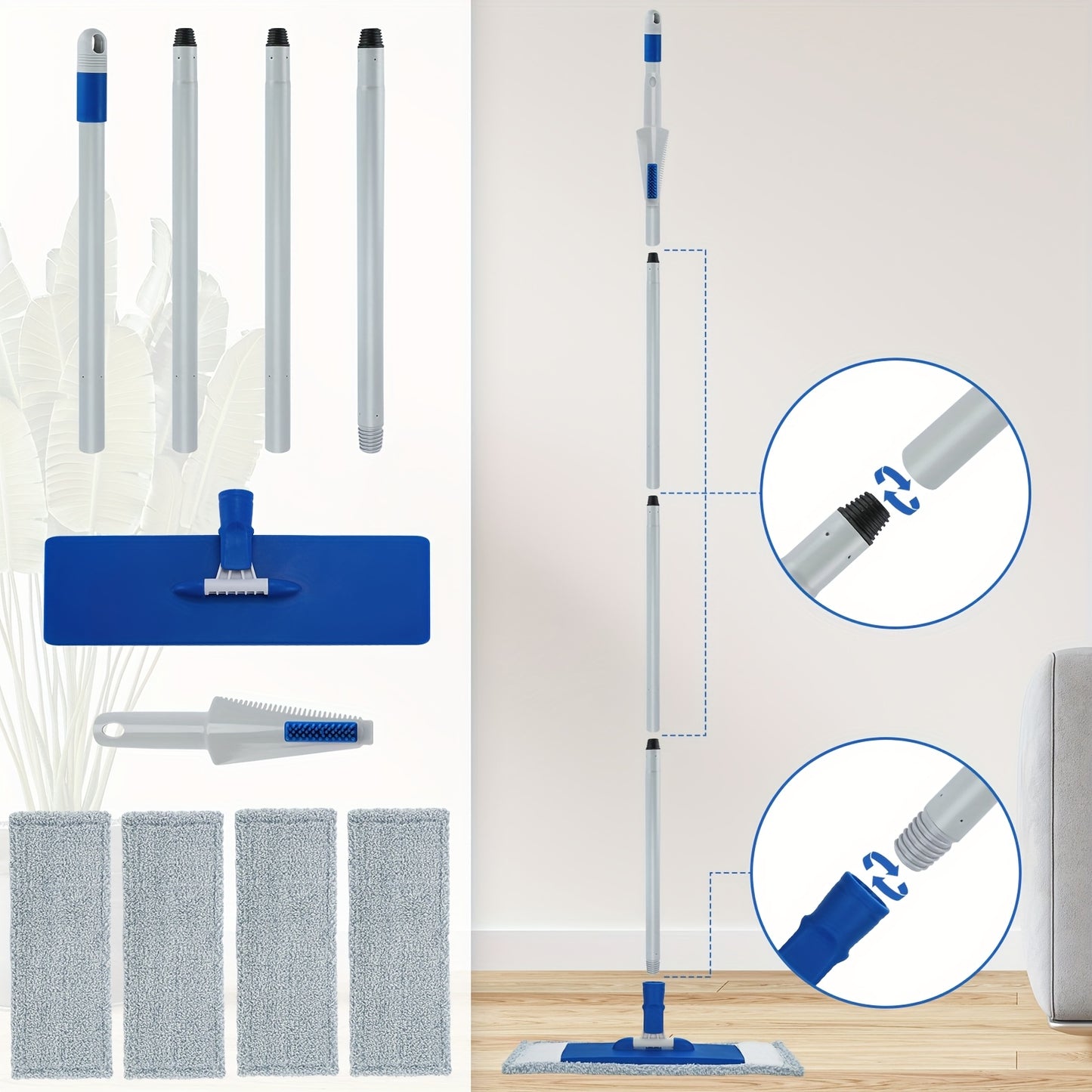 57" Long Handle Wet Dry Mops For Hardwood Laminate Wall Vinyl Tile Floor Cleaning, Mops For Floor Cleaning Microfiber Flat Mop With 4 Washable Mop Pads
